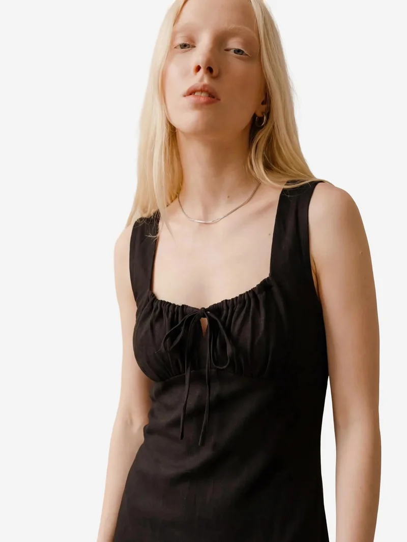 MY FASHION Black MY FASHION Midi Linen Dress with Tie Detail for Women | Best Price UAE